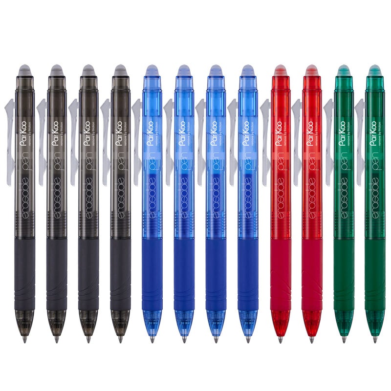ParKoo Retractable Erasable Gel Pens Clicker Fine Point 0.7 mm, No Need for White Out, 4 Assorted Color Inks for Completing Sudoku and Crossword Puzzles, 12-pack - Image 1